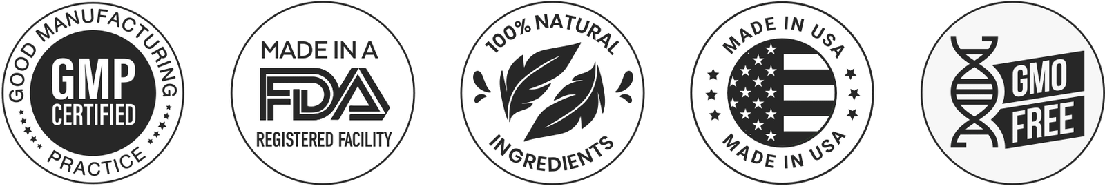 GMP, FDA registered facility, 100% natural, Made in USA, GMO free